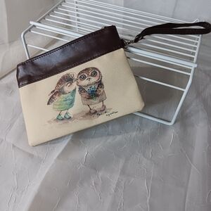 Kissing Owls Brown/Cream Flat Zipper Print Pouch-Pencil Case 9.5"×7"